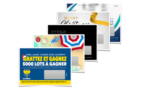 L portrait scratch-off tickets feature a rectangular scratch-off area on 104x70mm landscape cards to conceal your chosen hidden messages. Various customizations are available.