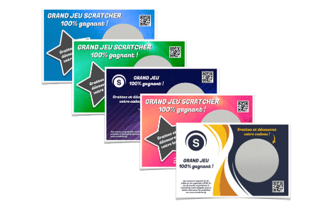 Primo® landscape scratch-off tickets with a scratchable round feature a large round scratch-off area on business card-sized 85x54mm cards to conceal your chosen hidden messages. Various customizations are available.