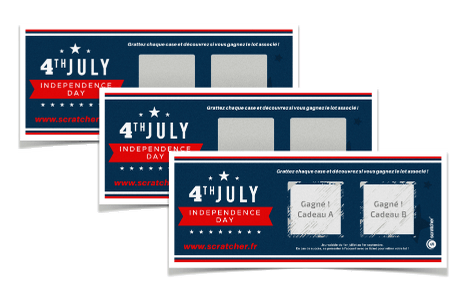 Scratcher Trio scratch-off tickets conceal your prizes under three square scratch-off areas. It's possible to vary the prizes and customize the card design.