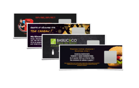 Nano® scratch-off tickets allow players to discover a prize hidden under a small square scratch-off area on a card measuring 85mm x 30mm. It's the ideal ticket for mass marketing operations at a low cost. Their graphics and hidden messages are freely configurable on the configurator.