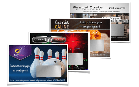 Primo® landscape scratch-off tickets feature a rectangular scratch-off area on 85x54mm business card-sized substrates to conceal your chosen hidden messages. Various customizations are available.