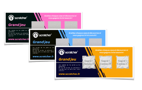 Les tickets à gratter Scratcher Trio dissimulent vos lots sous trois zones à gratter carrées. Il est possible de faire varier les lots en jeu et de personnaliser le design des cartes.